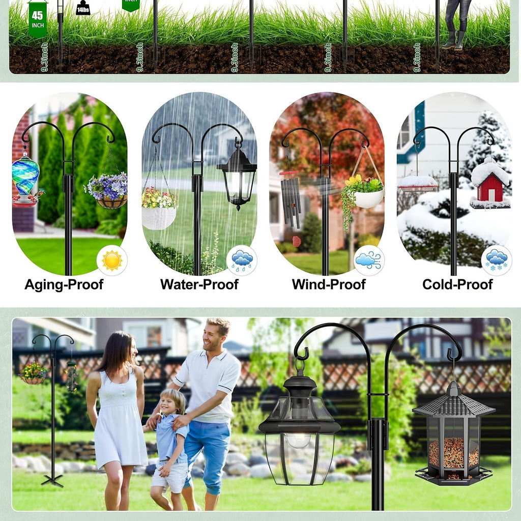 Double Shepherd Hooks for Garden, Listed Two-Piece 60-Inch Metal Pole Set with Five-Claw Bases and Adjustable Design for Bird Feeders, Hanging Baskets and Lanterns