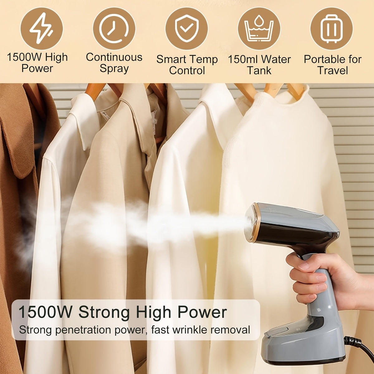 Foldable Clothing Steam Iron with Listed 1500W Power and 15-Second Heat-Up, Portable Handheld Garment Care Appliance in Grey or White for Home and Travel