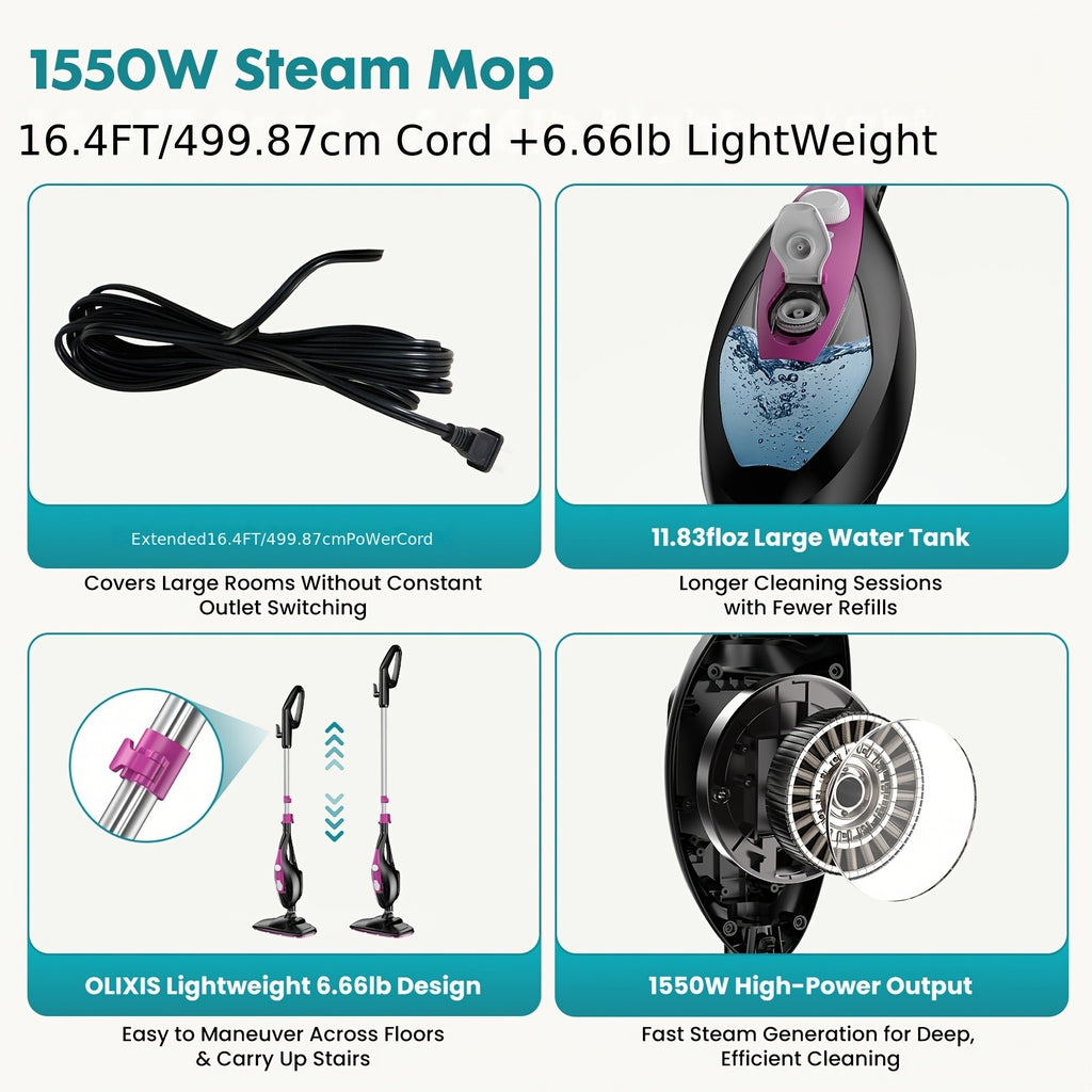 10in1 Steam Mop, 1550W Detachable Handheld Floor Cleaner with 16ft Power Cord 2 Washable Pads for Hardwood Tile Carpet and More