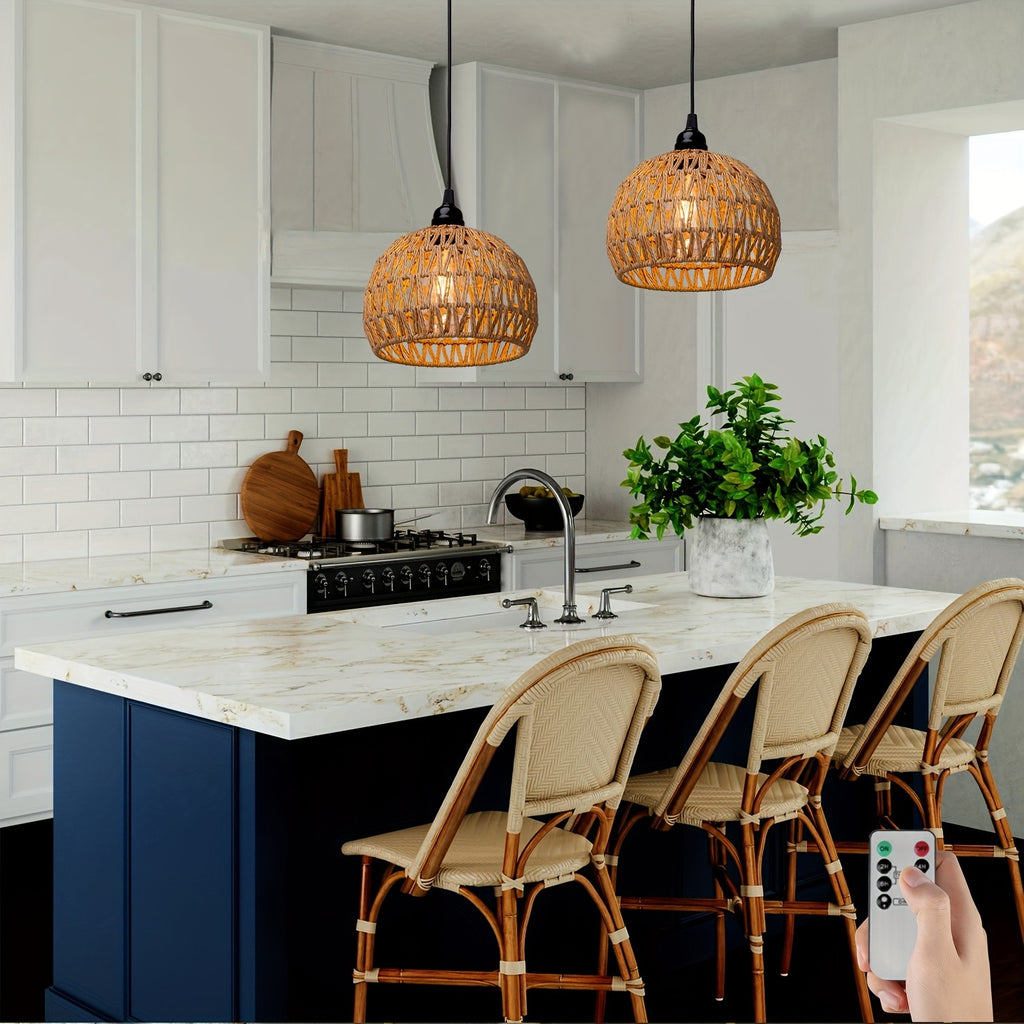 Battery Pendant Lights in a Two-Piece Woven Rattan-Style Set with Remote Control, Dimmable Warm White LED and Timer for Decorative Hanging Displays
