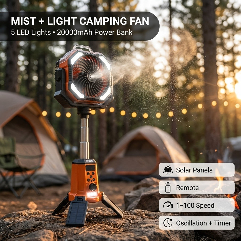 Dual-Motor Camping Fan with Listed Remote Control, 1–100 Speed Adjustment and Oscillation, Classical, Mist and Solar Option Labels for Tent and Outdoor Airflow