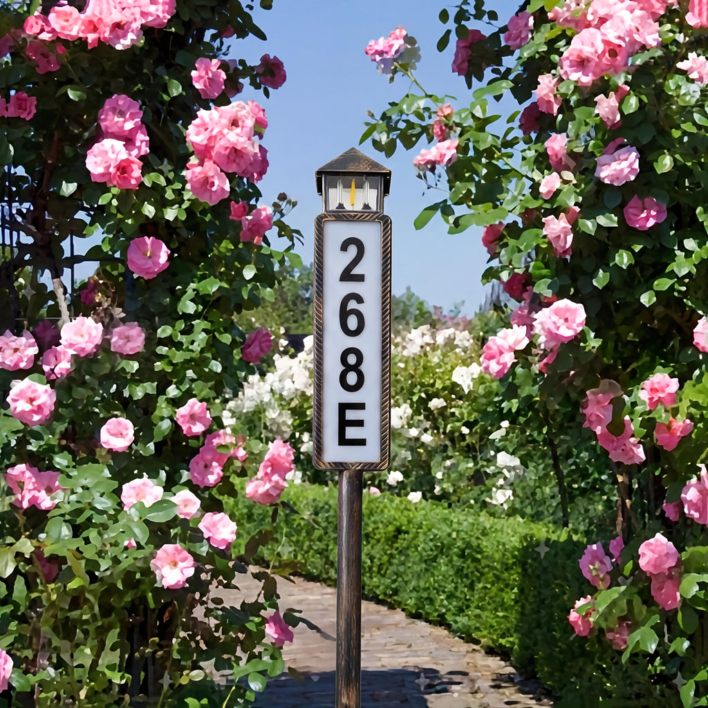 Solar LED Address Sign, House Number Display Board with Three Adjustable Color Mode Label, Black or Retro Design Options for Entryways and Courtyards