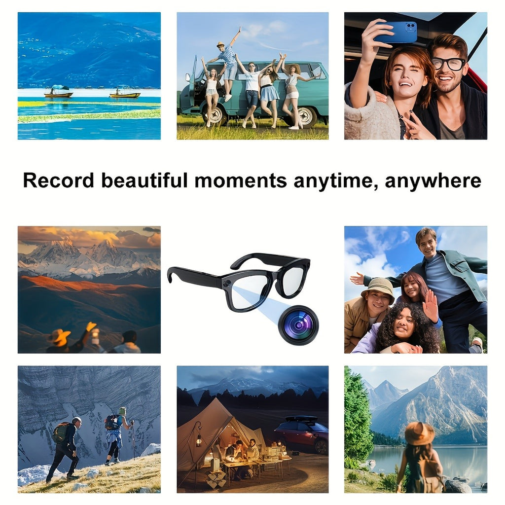 Smart Camera Glasses with Black Sunglasses and Transparent Lens Options, Including 5MP-Labeled Styles, Listed Wireless Video, Audio and AI Voice Features