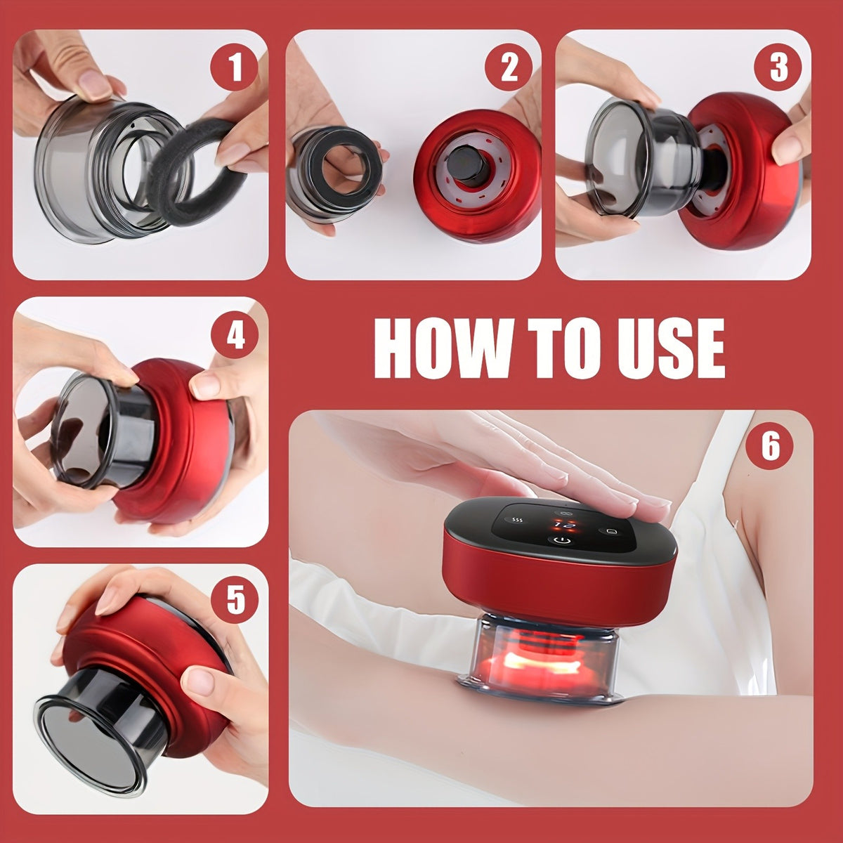 Electric Cupping Device with Pink Gua Sha Board, USB Rechargeable Red or Black Personal Care Tool with Listed 12-Level Heat and Suction Controls and Digital Display