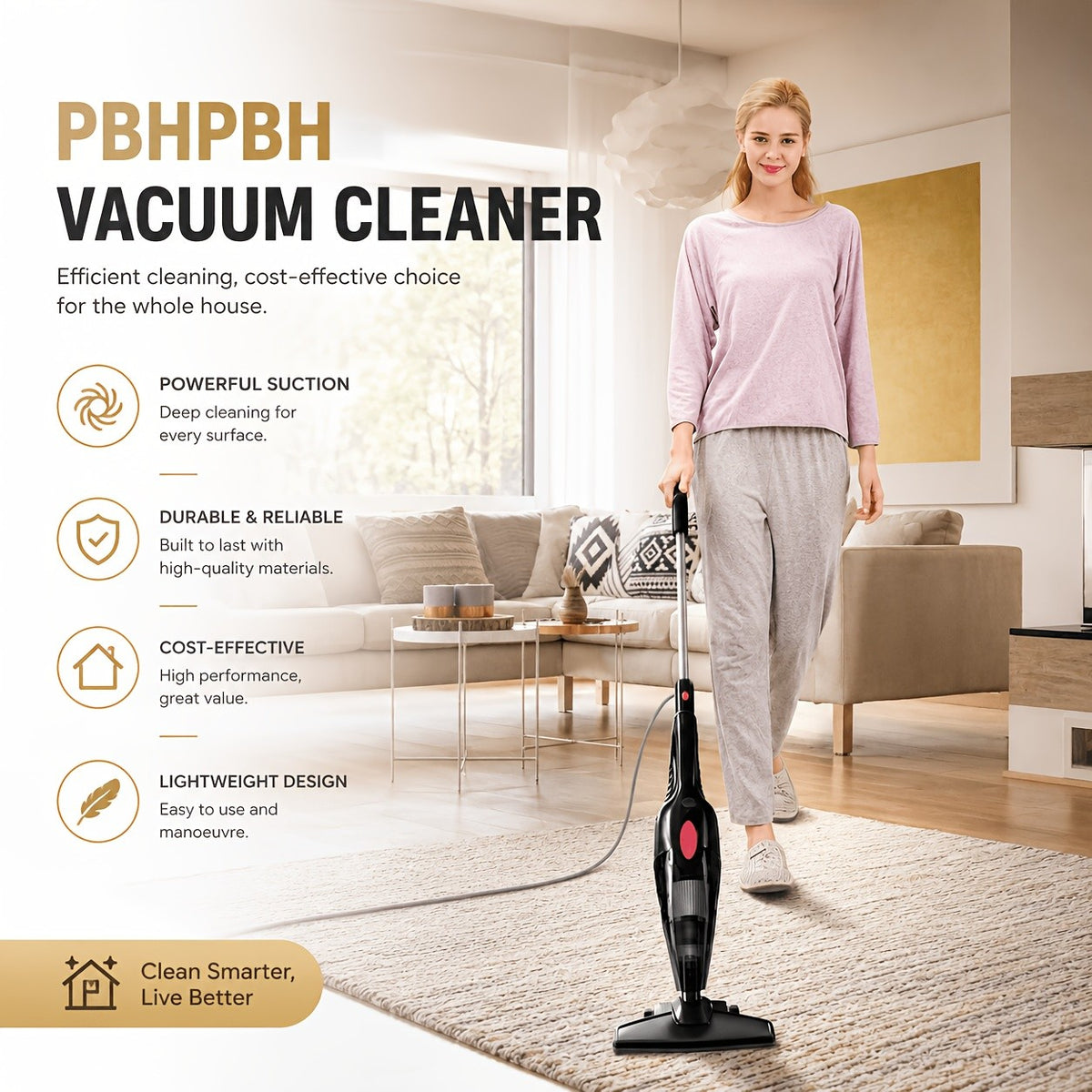 3-in-1 Corded Vacuum Cleaner PBHPBH with 23kPa Suction, 600W Motor, HEPA Filter and 40.58oz Dust Cup, Black Handheld and Upright Design for Home and Car Cleaning