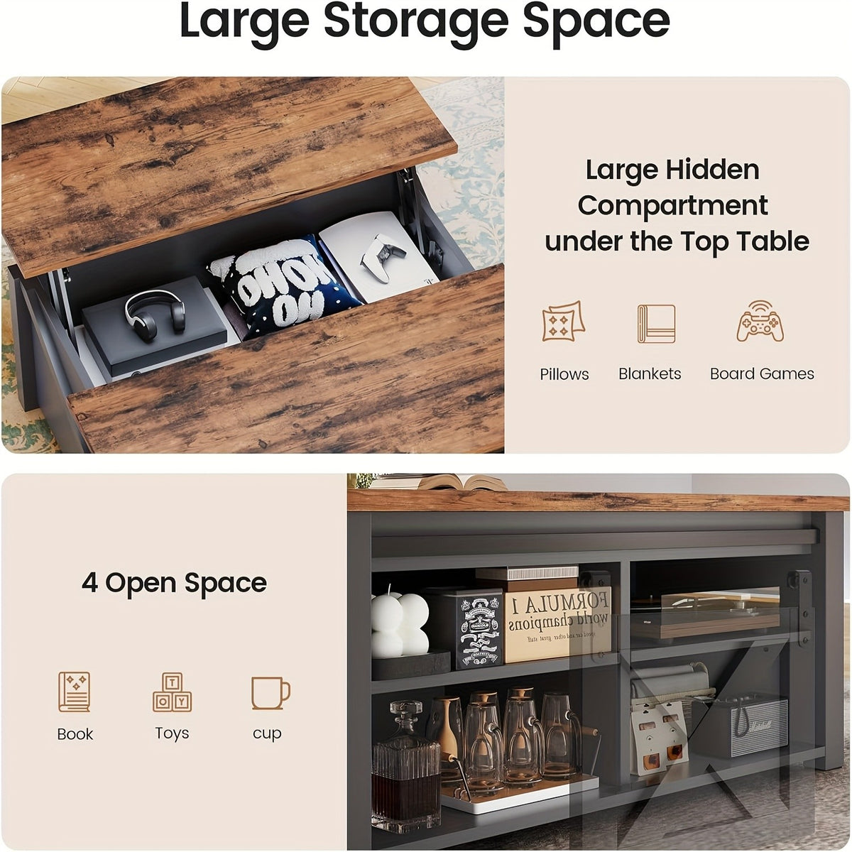Lift Top Coffee Table with Storage, 31.5-Inch Square Farmhouse Design with Sliding Barn Door, Gas Strut Lift and Adjustable Shelves for Living Rooms