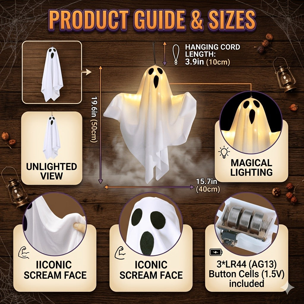 LED Hanging Ghost Decorations 3-Pack, Listed 20-Inch White Polyester Halloween Ghosts for Indoor Parties and Suitable Porch, Tree and Yard Displays