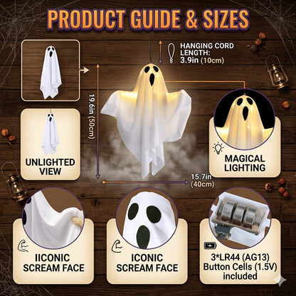 LED Hanging Ghost Decorations 3-Pack, Listed 20-Inch White Polyester Halloween Ghosts for Indoor Parties and Suitable Porch, Tree and Yard Displays
