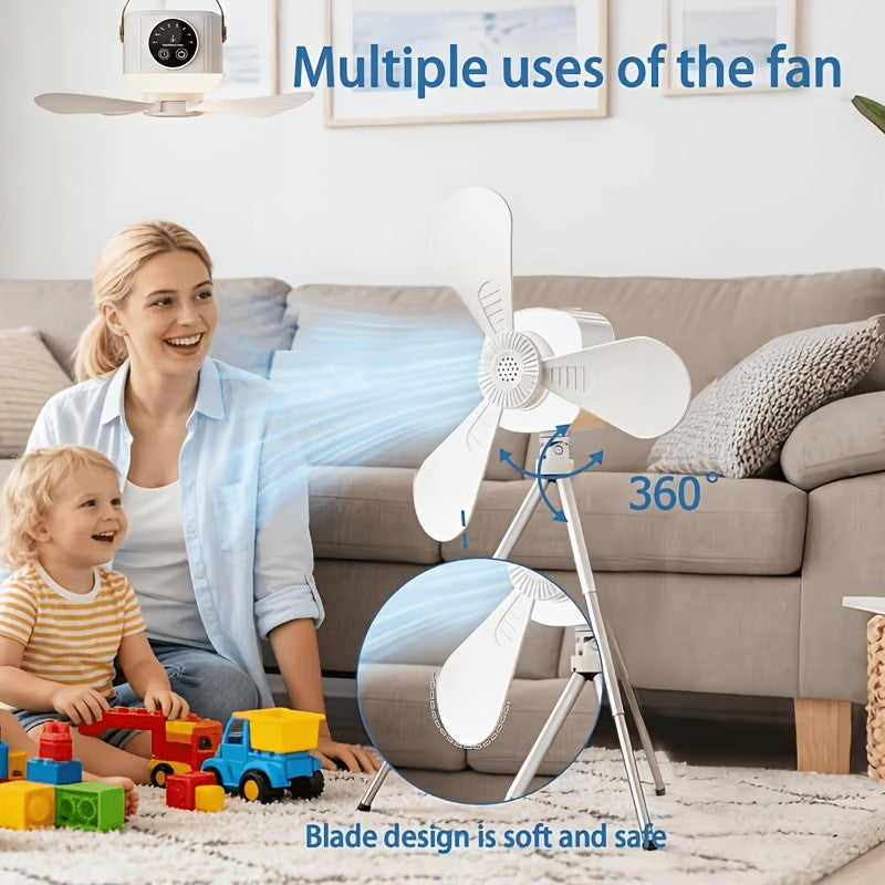Tripod Camping Fan in White with USB Power, Adjustable Airflow and Light Brightness, Removable Blades and Portable Design for Tents, Bedrooms and Dorms