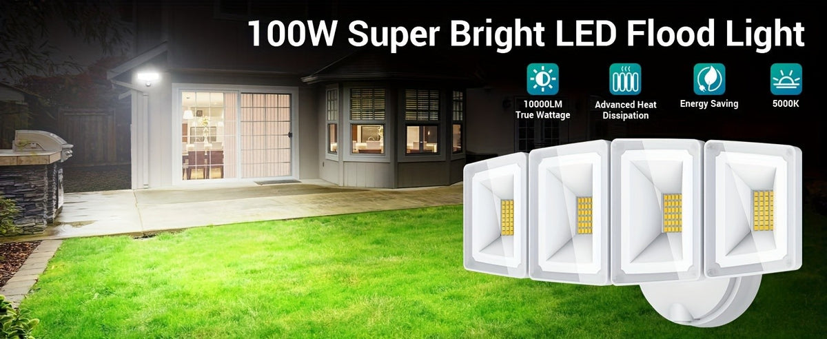 Hardwired LED Security Floodlight by USTELLAR, 100W 10000lm 5000K White Four-Head Outdoor Light with Adjustable Heads and Wall-Switch Control for Eaves and Backyards