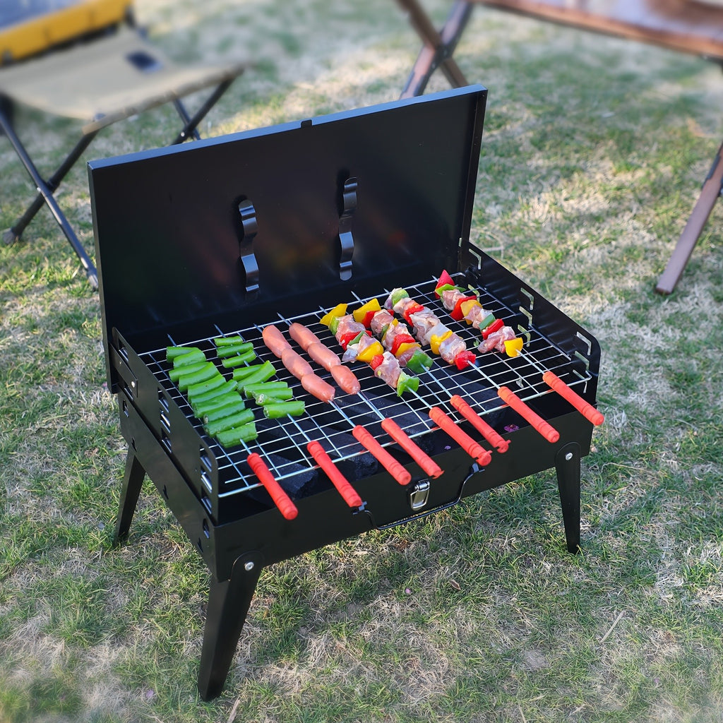 Collapsible Charcoal Grill with Windshield and BBQ Accessories, Small Folding Outdoor Barbecue for Camping, Picnic Meals and Backyard Weekend Cookouts