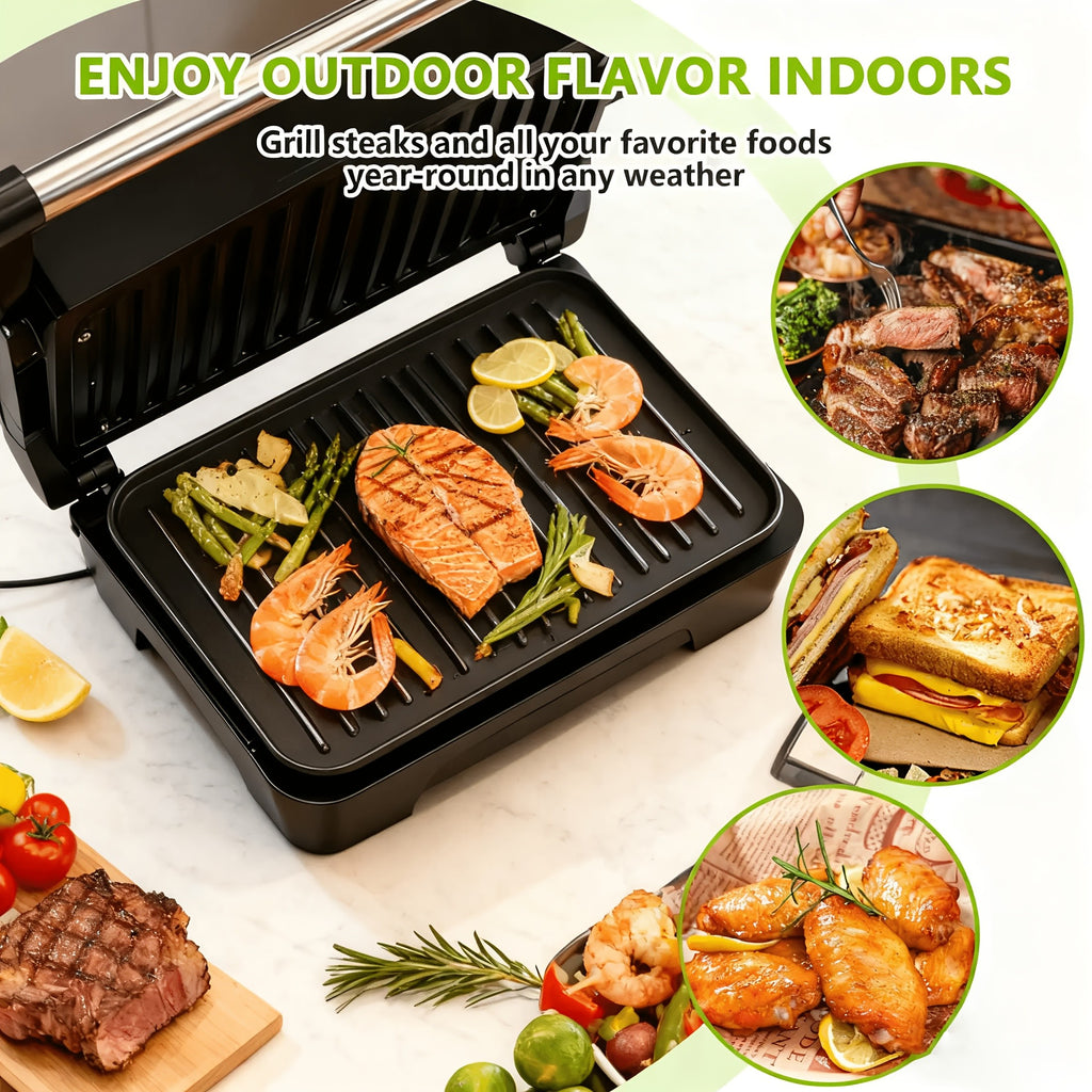Silvery Panini Press Grill and Sandwich Maker with Listed 1000W Power, Nonstick Plates, Drip Tray, Floating Hinge and 180-Degree Opening for Home Cooking