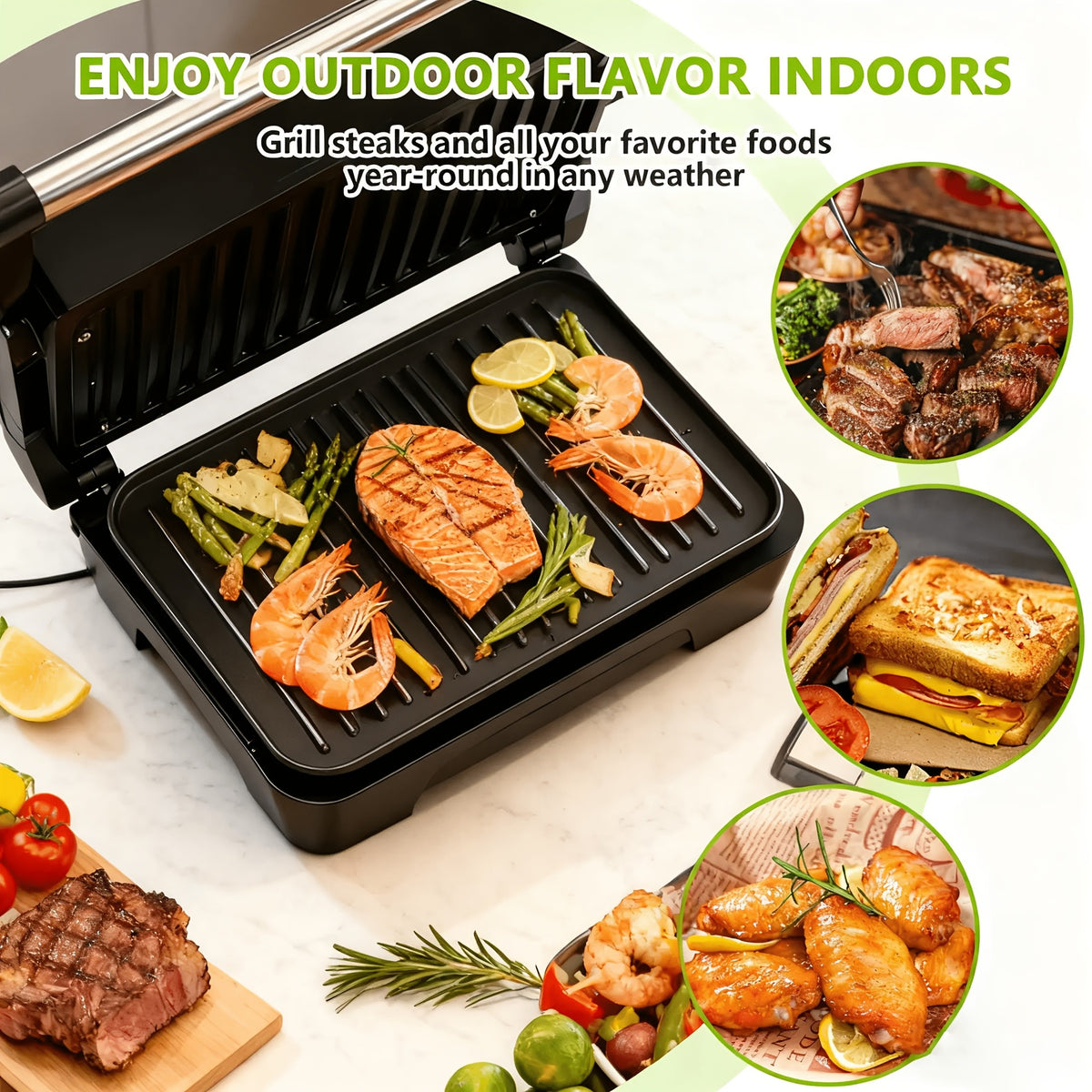 Silvery Panini Press Grill and Sandwich Maker with Listed 1000W Power, Nonstick Plates, Drip Tray, Floating Hinge and 180-Degree Opening for Home Cooking