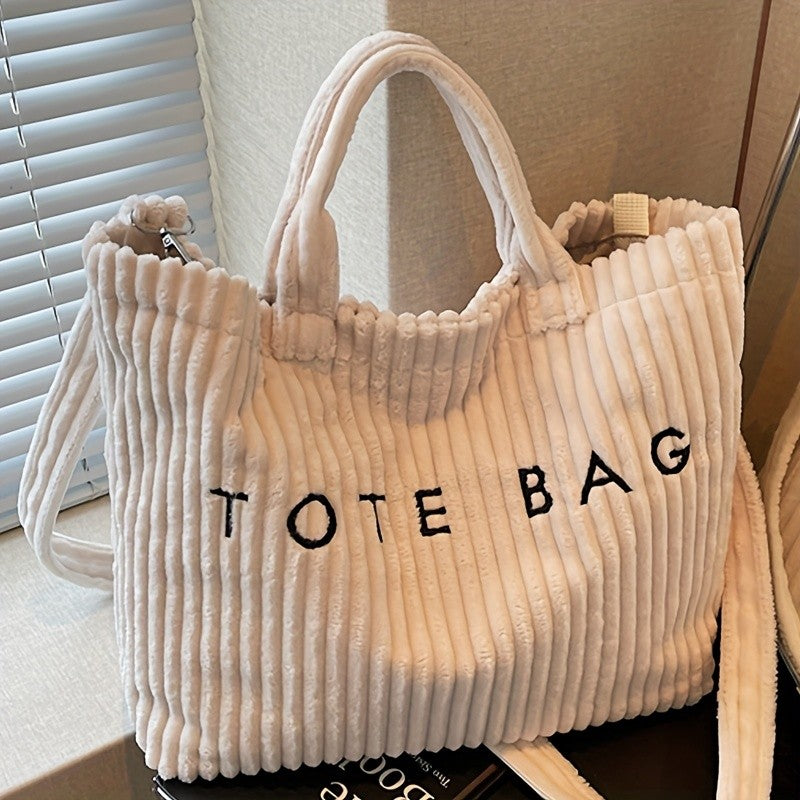 Letter Pattern Corduroy Tote Bag for Women with Adjustable Shoulder Strap and Listed Color-Block Design, Beige, Black, Green or Pink for Work, Shopping and Casual Outings