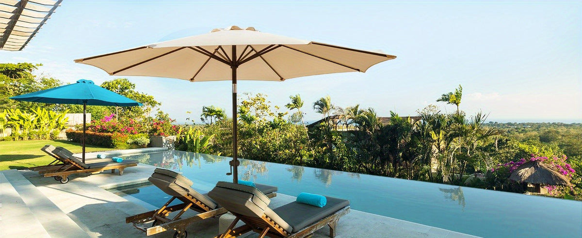 Crank Lift Patio Umbrella, 10ft Market Shade with Push Button Tilt and Eight Ribs in Red or Blue for Garden Seating, Backyard Tables, Decks and Poolside Lounging