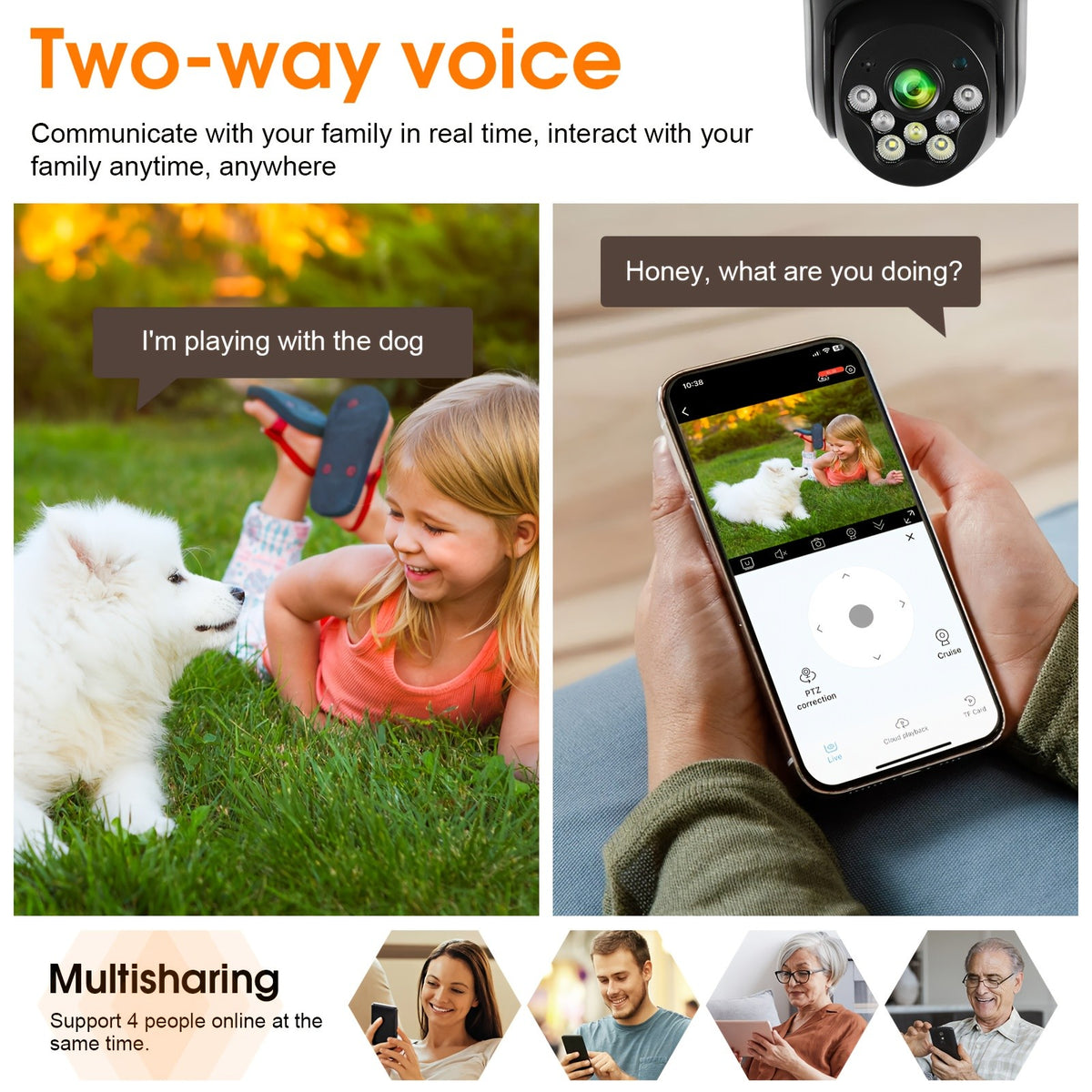 Three-Screen Dual-Lens WiFi Security Camera with Wired DC Power, O-KAM Pro App, 355° Pan and 100° Tilt, Night Vision and Two-Way Audio in White or Grey