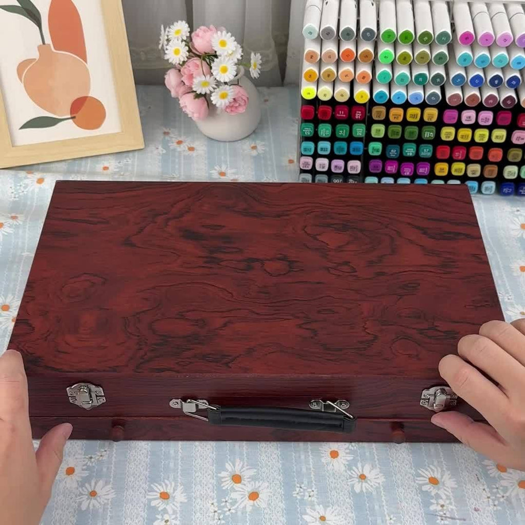 Wooden Case Art Set, 145-Piece Three-Layer Selection with Crayon, Oil Pastel, Watercolor Cake and Colored Pencil References for Drawing and Painting