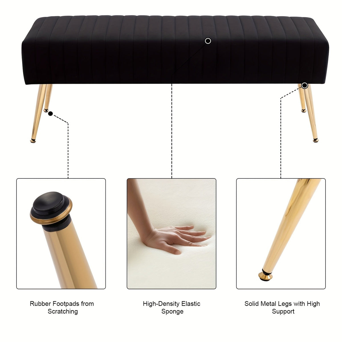 Velvet Entryway Bench with Gold-Plated Legs, 44-Inch Accent Seating for Shoe Changes, Bedroom End-of-Bed Styling and Living Room Footrest Use