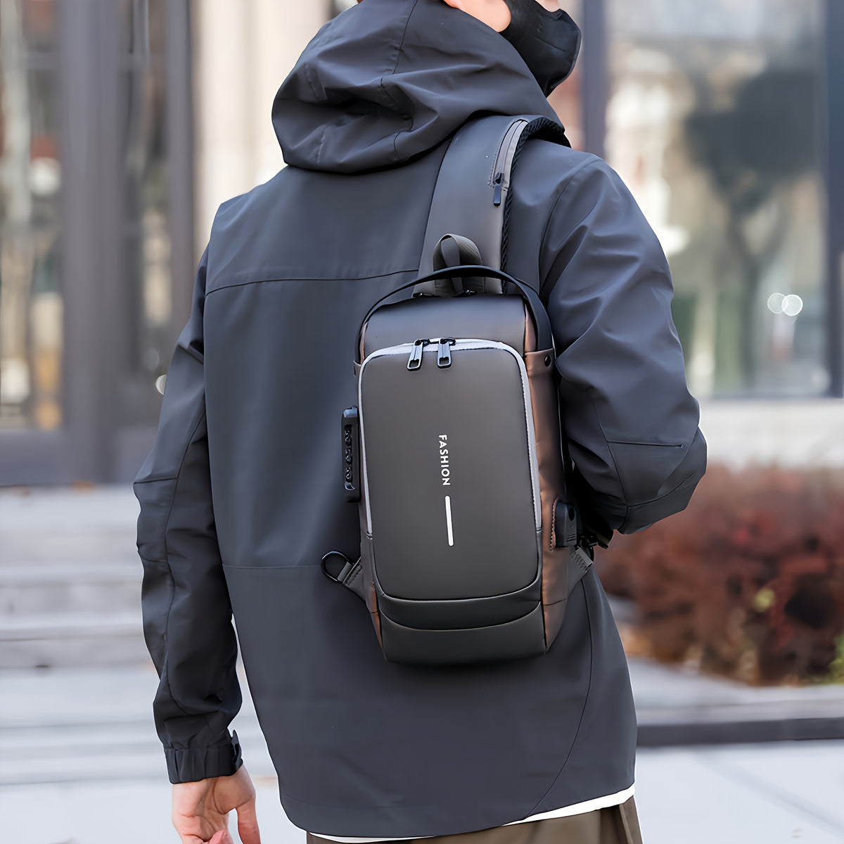 Mens Locking Sling Bag by Cutecity with USB Charging Port, Adjustable Shoulder Strap and Multiple Compartments in Black Brown or Blue Brown for Commuting and City Walks