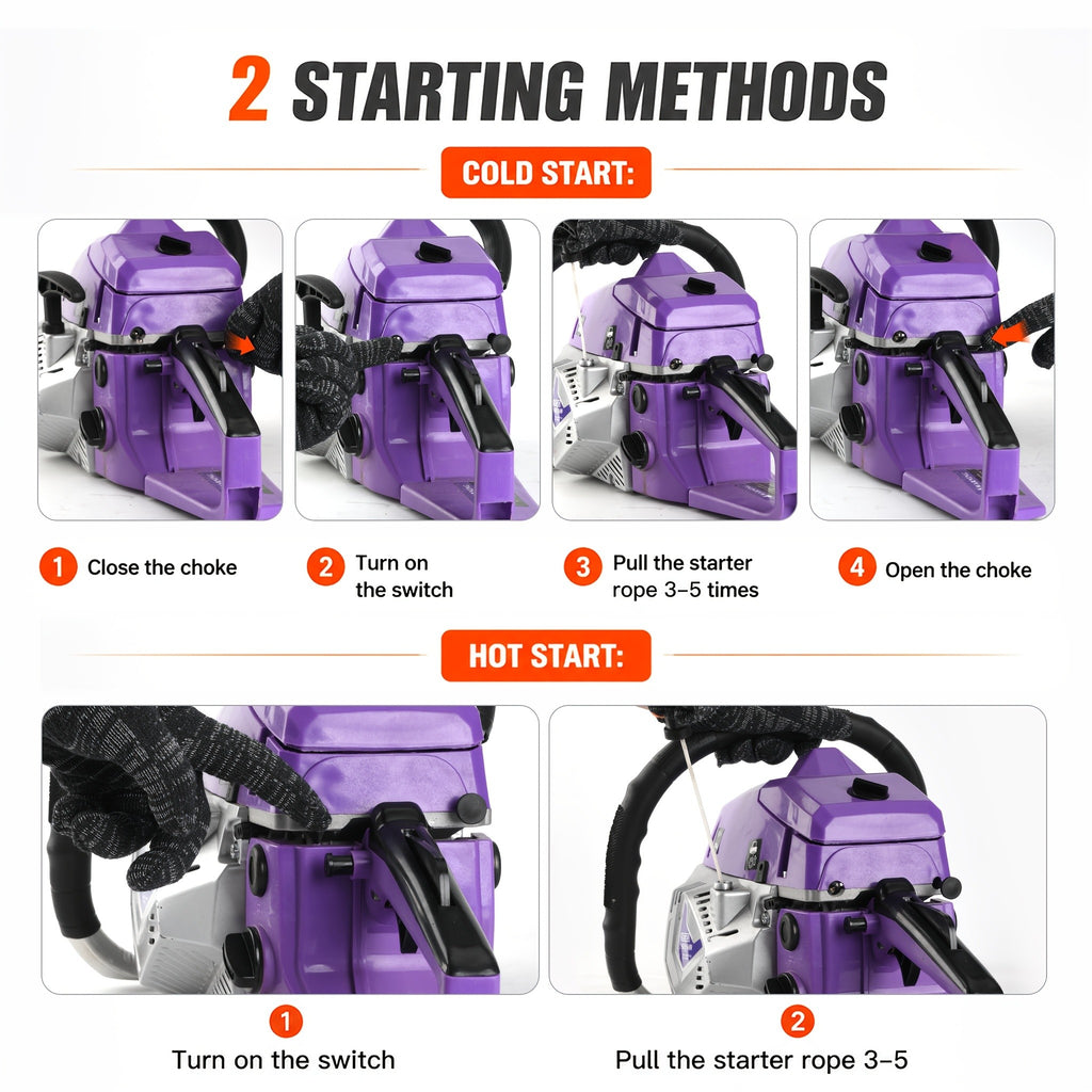Two-Stroke Gas Chainsaw for Experienced Adult Outdoor Wood Cutting, Listed 62cc 20-Inch Red and White Model with Purple or Orange Options for Farm and Yard Projects