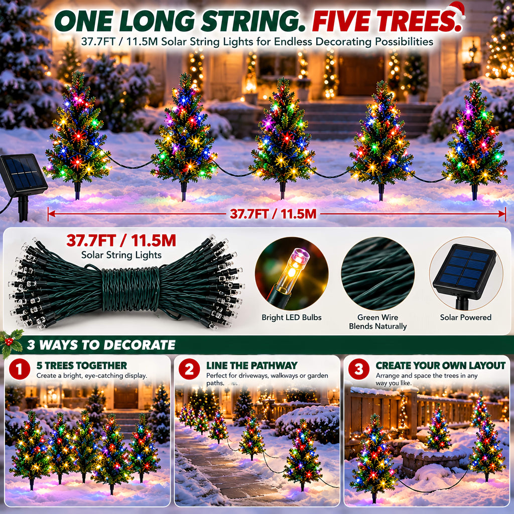 Solar Christmas Tree Stake Lights with DIY Branch Shaping and Separate Multicolor String, LDSDS-LD-5 or LDSDS-LD-10 Model Options for Garden Holiday Displays