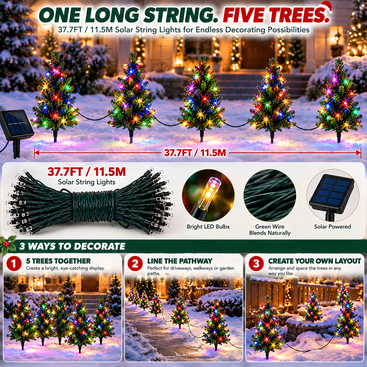 Solar Christmas Tree Stake Lights with DIY Branch Shaping and Separate Multicolor String, LDSDS-LD-5 or LDSDS-LD-10 Model Options for Garden Holiday Displays