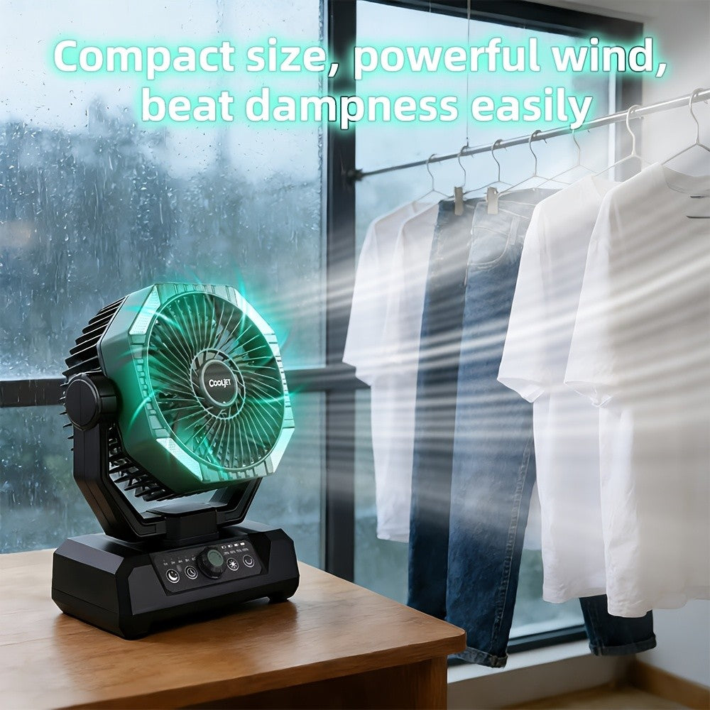CoolJet Portable Camping Fan with Listed 20000mAh Battery, Variable Speed and 18-LED Light with Three Dimming Levels, Fern Green or Orange Airflow Options