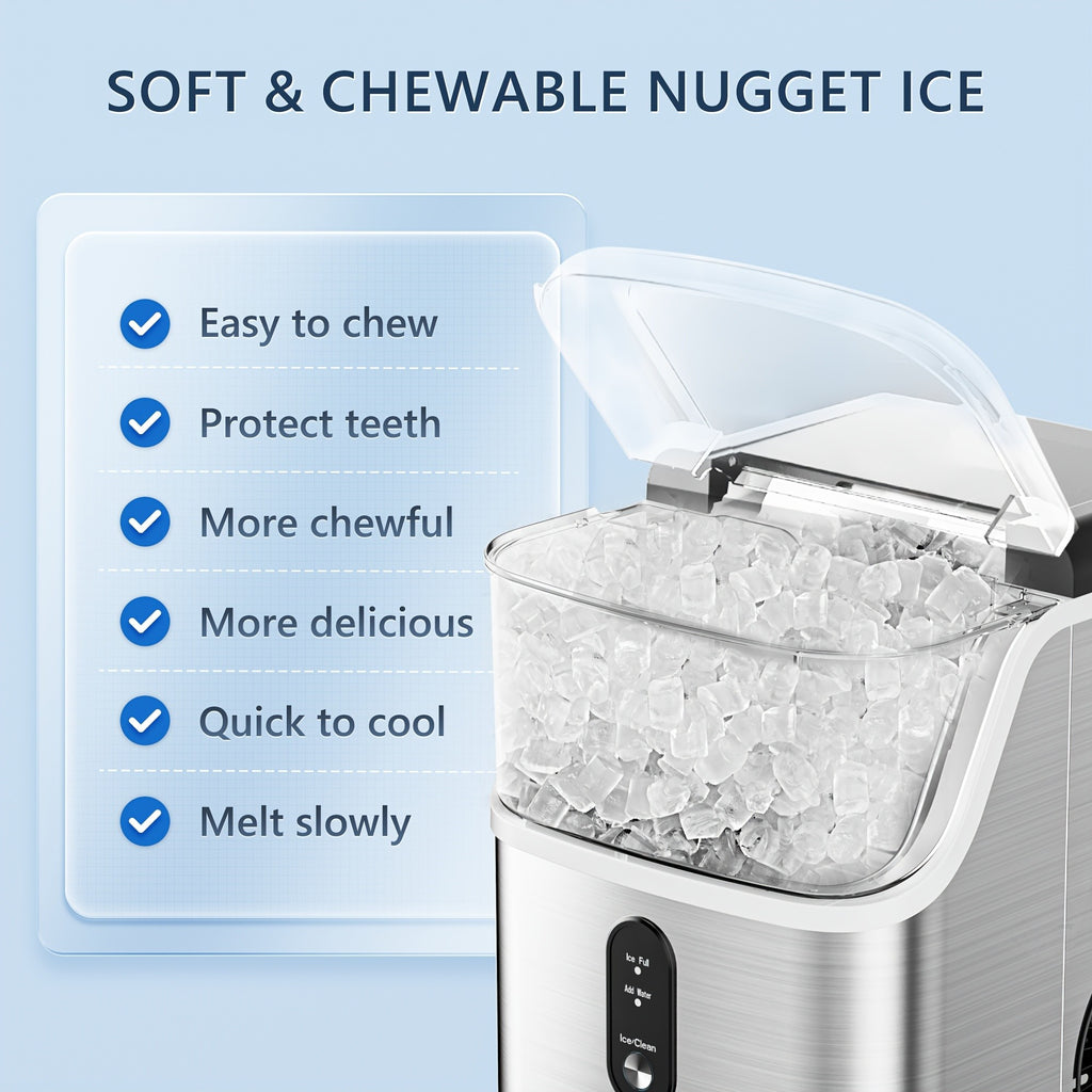 Lighted Countertop Nugget Ice Maker with Automatic Cleaning, Listed Black 37lb or Sliver 44lb Option Labels, Ice Scoop and Basket for Home Kitchen Drinks