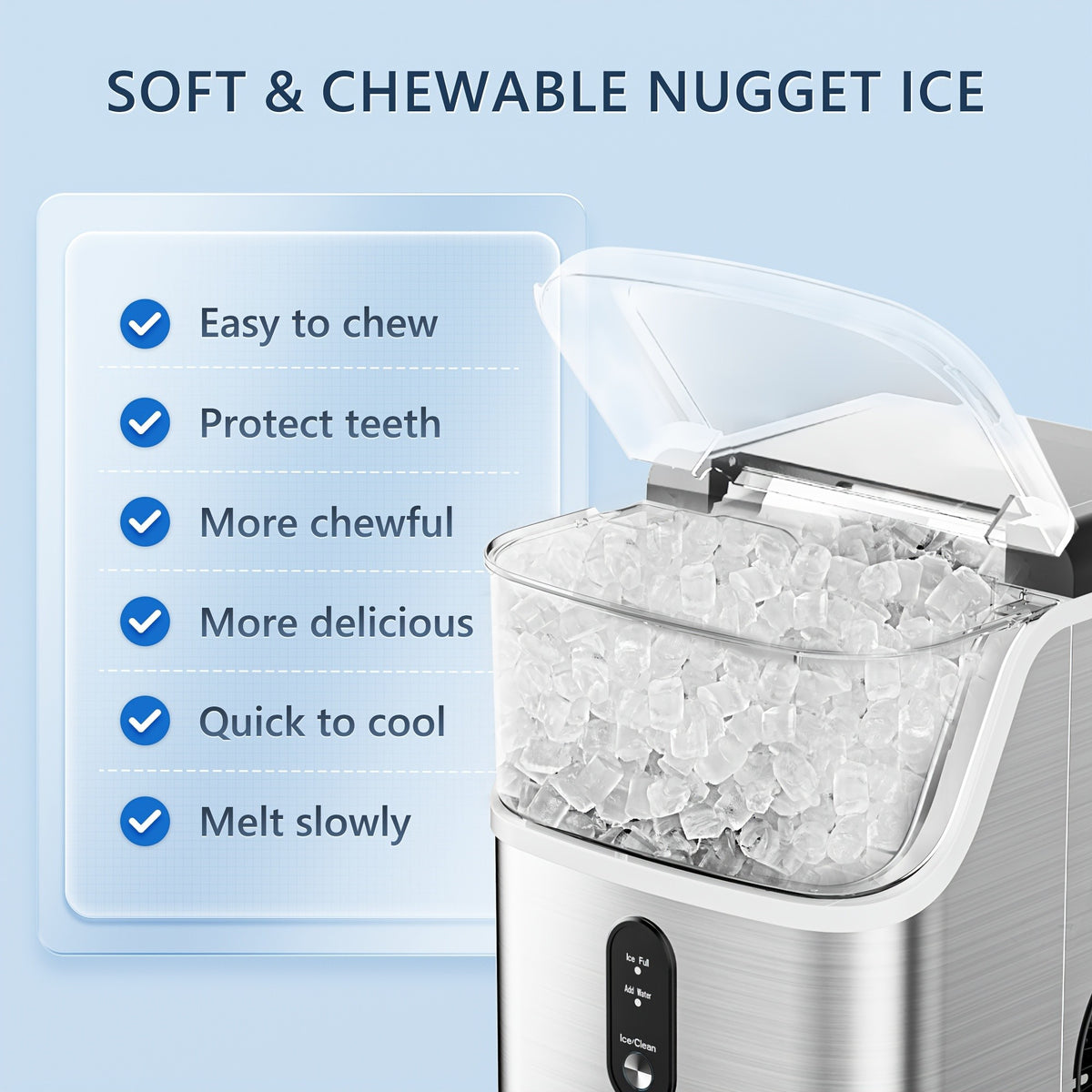 Lighted Countertop Nugget Ice Maker with Automatic Cleaning, Listed Black 37lb or Sliver 44lb Option Labels, Ice Scoop and Basket for Home Kitchen Drinks