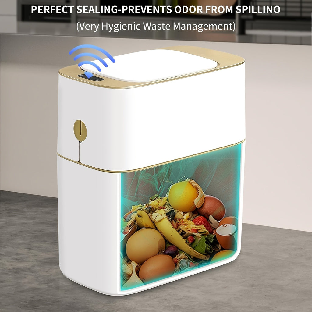 Golden-Accent Sensor Trash Bin with Listed 4-Gallon Capacity and Automatic Lid, One- or Two-Piece Options for Bathroom, Bedroom and Office Waste Storage, Batteries Excluded