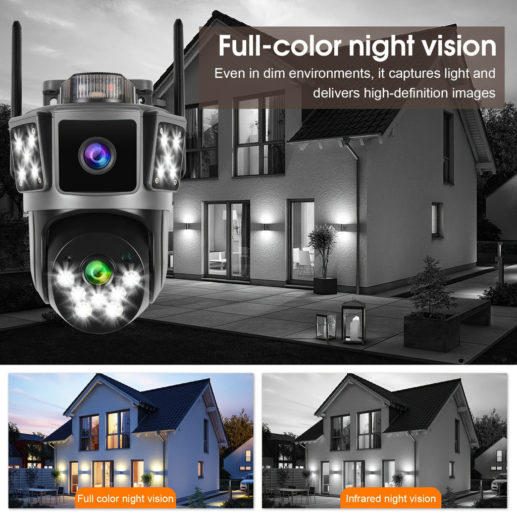 Three-Screen Dual-Lens WiFi Security Camera with Wired DC Power, O-KAM Pro App, 355° Pan and 100° Tilt, Night Vision and Two-Way Audio in White or Grey