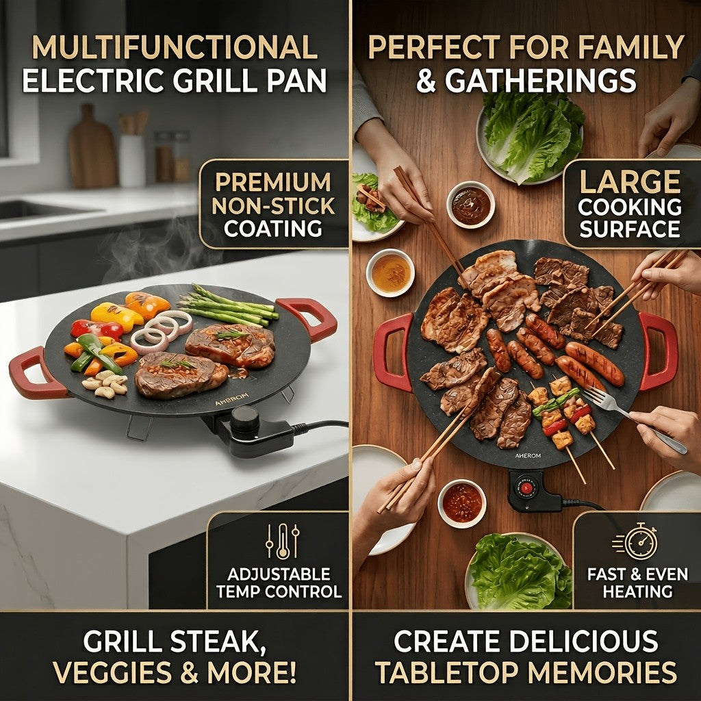 Red-Handle Electric Griddle with Nonstick Cooking Surface and Adjustable Heat Settings for Breakfast, Home BBQ and Family Meals, AR-01 or AR-02 Options