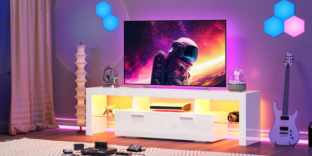 Black LED TV Stand with Listed 51-Inch Length and Single Storage Drawer, Modern Entertainment Media Console for Living Room, Bedroom and Game Room Organization