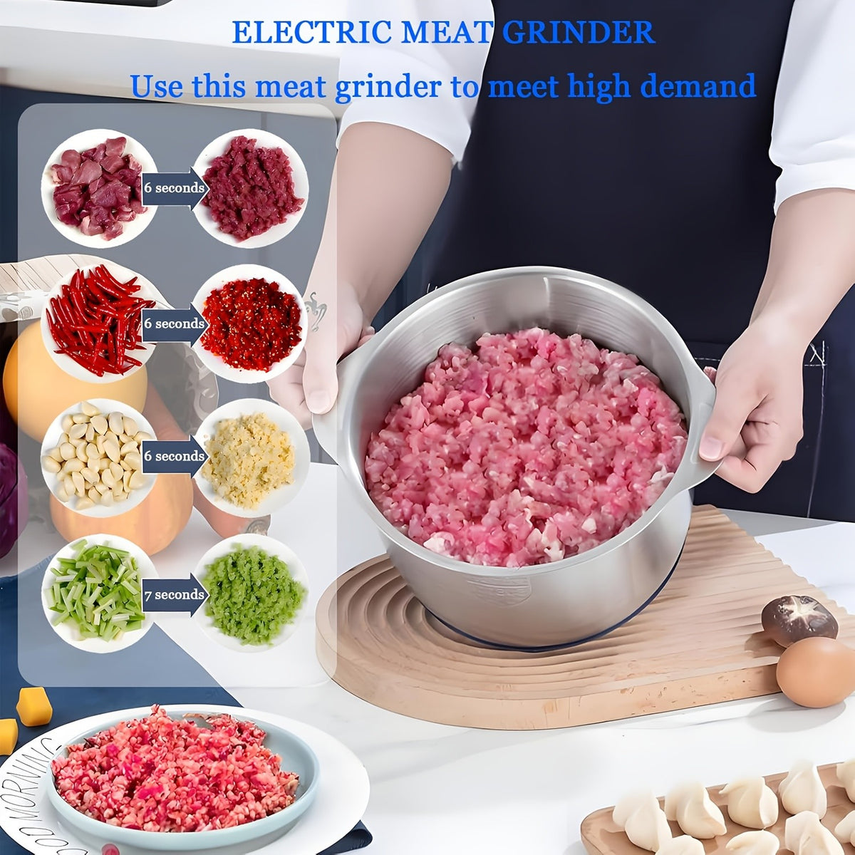 3L Electric Food Chopper with Stainless Steel Body, Five-Key Controls and Four-Blade Cutter for Meat, Garlic, Vegetables and Everyday Kitchen Prep