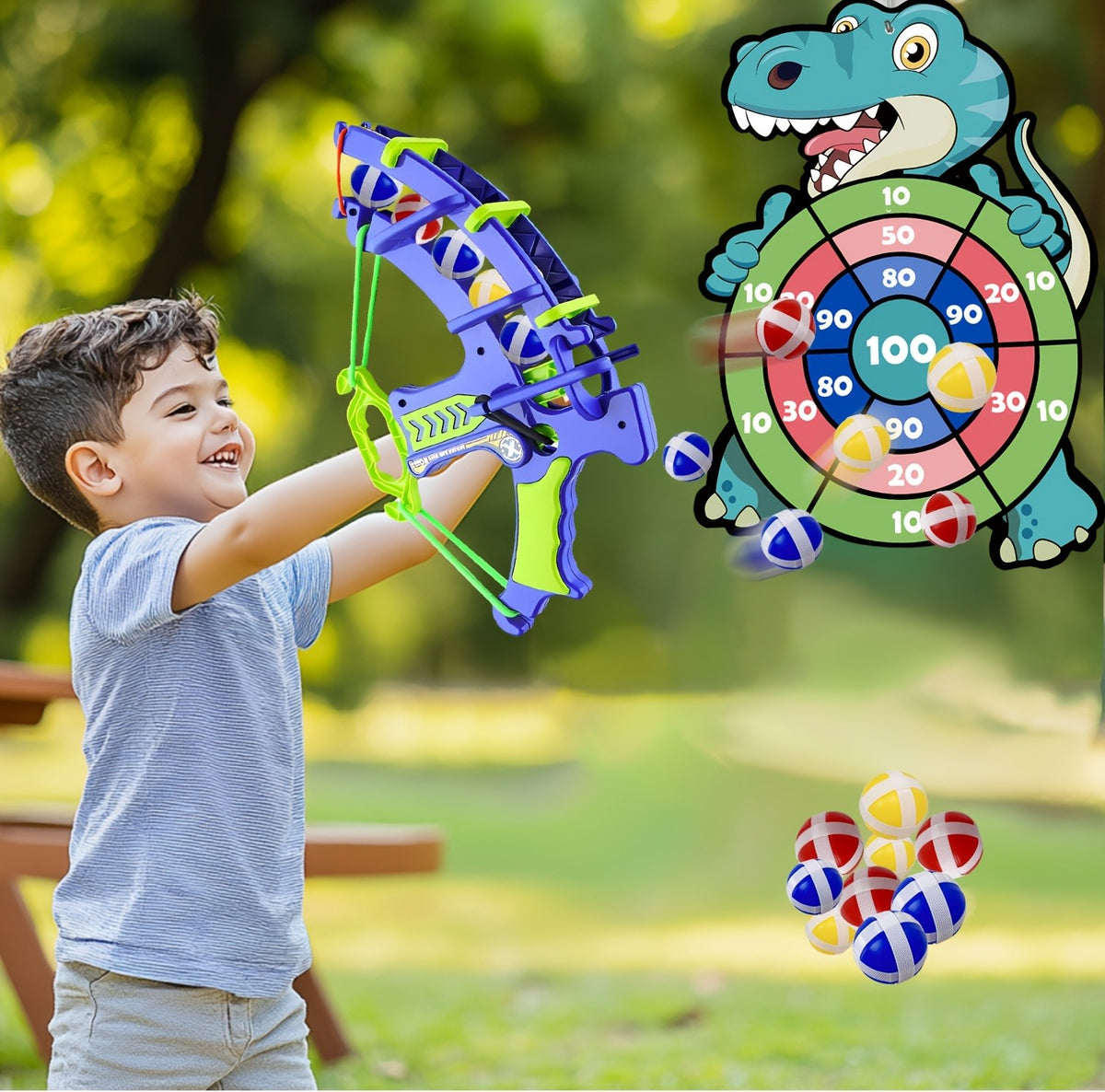 Dinosaur Sticky Target Ball Set with Blue Bow Wording, One-Set Option for Supervised Party Games, Family Gatherings and Birthday or Holiday Gift Ideas