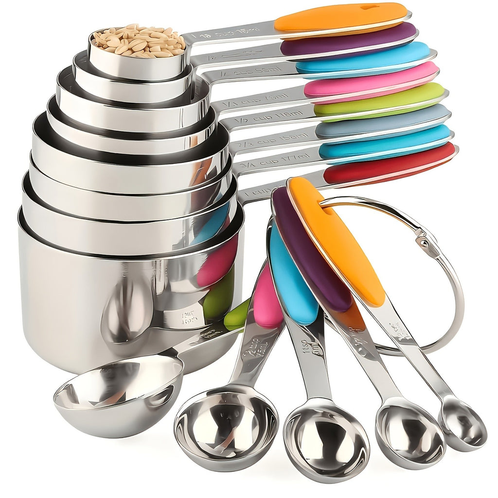 Stainless Steel Measuring Spoon Set with Silicone Handles, Five-Piece Kitchen Measuring Tools in Random Colors for Everyday Home Cooking and Baking Prep