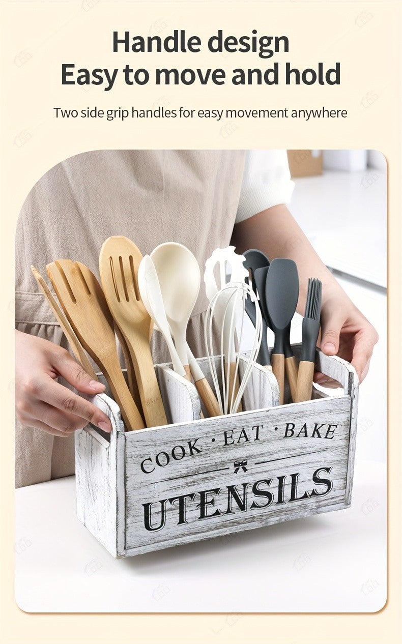 Wooden Kitchen Utensil Holder by LDQ, Rustic Countertop Organizer in Black or White with Two-Compartment Options for Forks, Spoons and Whisks