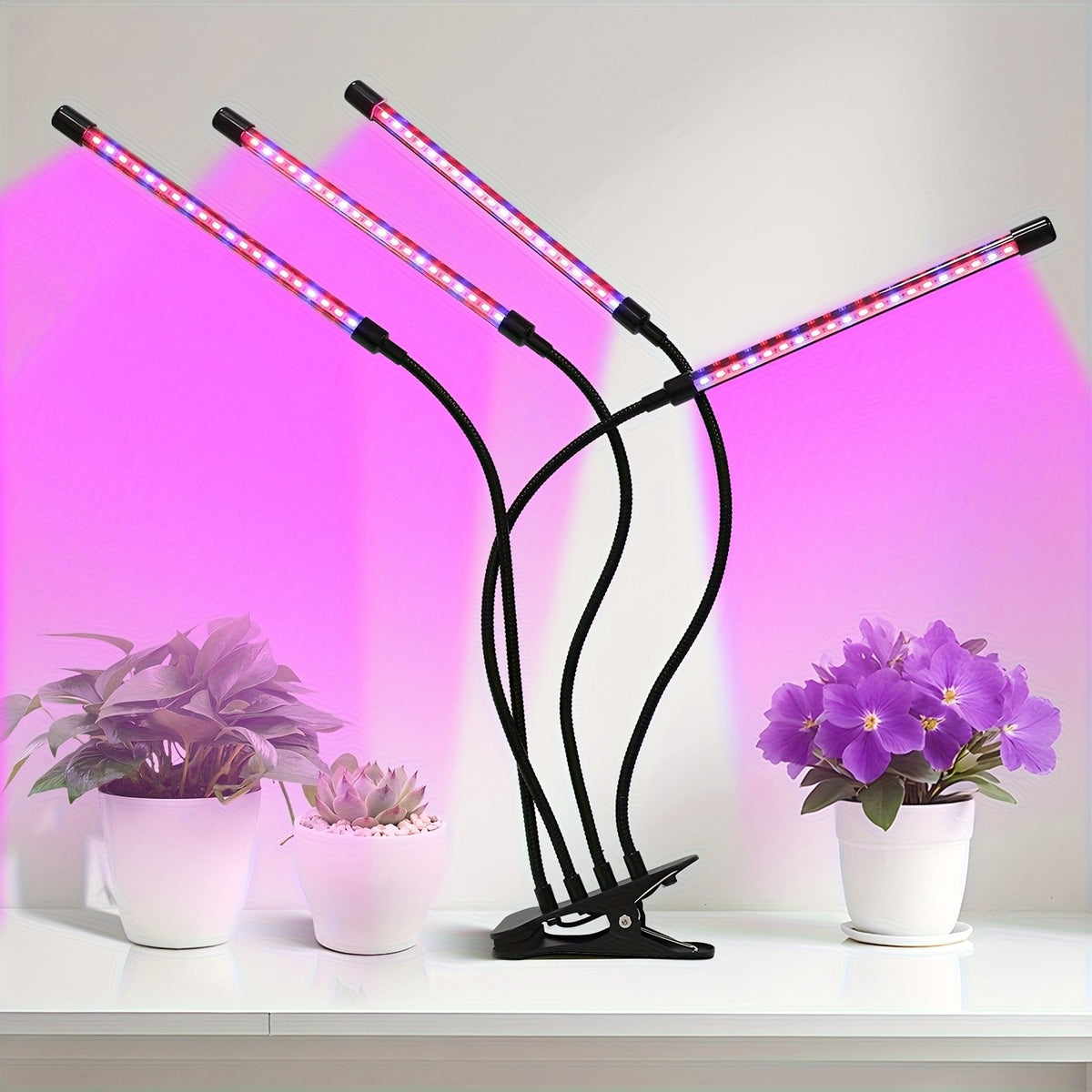 Clamp LED Grow Light with One, Three or Four-Tube Options, Listed Five Brightness Levels and 3, 9 or 12-Hour Timer for Indoor Plant Care and Home Gardening