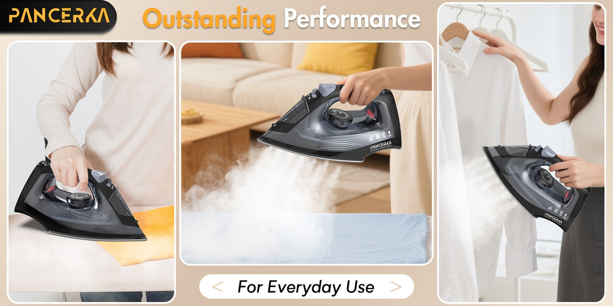 Adjustable Thermostat Steam Iron by PANCERKA, Black Clothes Iron with Listed 1200W Power, Nonstick Soleplate, Variable Steam Control and Overheat Protection Wording