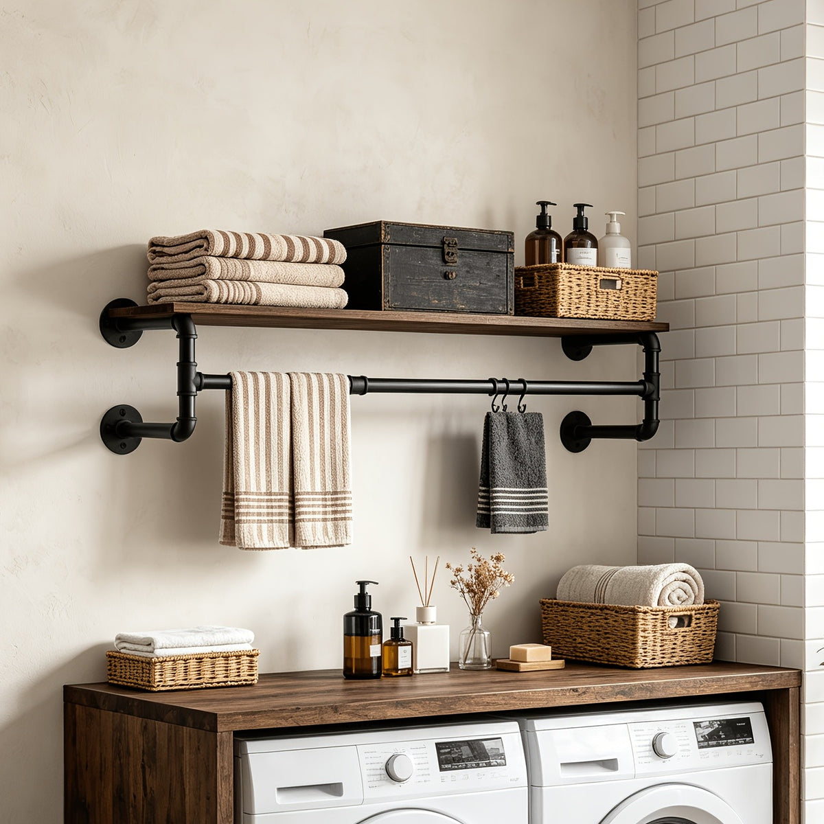 Industrial Pipe Clothes Rack by AESOME, 39.3-Inch Wall-Mounted Hanging Rod with Wood Top Shelf and Three Hooks in Black and Dark Brown for Closet Storage