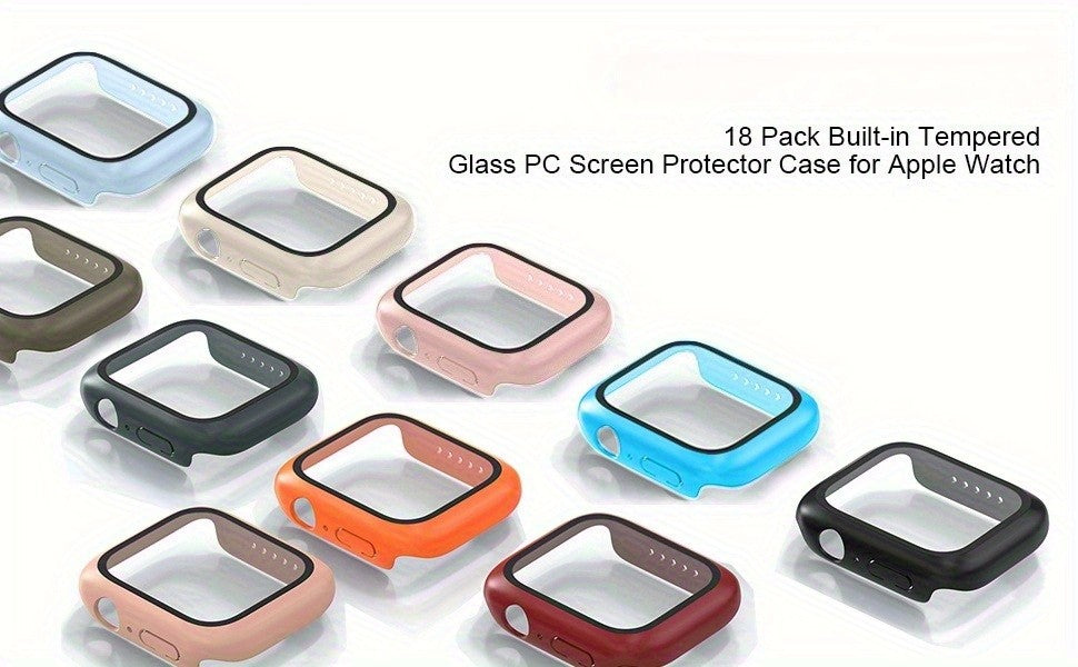 Watch Case with Screen Protector for Selected Apple Watch Models, Listed 18-Pack PC Bumper Covers with Built-In Tempered Glass for Series 4-10 and SE Size Options