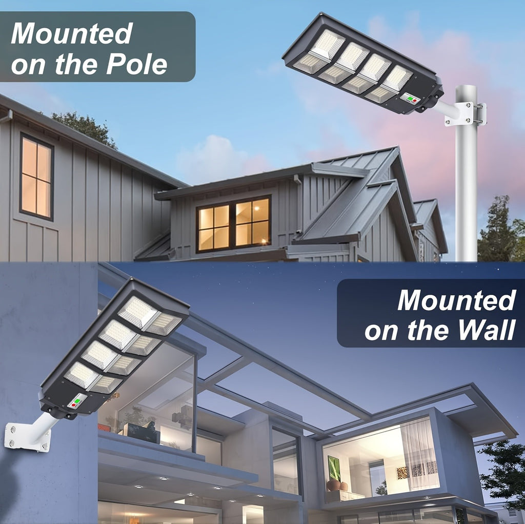 Solar Street Light with Motion Sensor and Remote Control, Matte Black Single-Pack 270, 360 or 800 LED Options with 6500K and Three Lighting Mode References