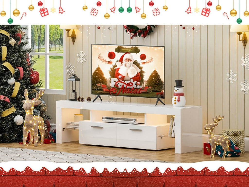 White LED TV Stand with Cabinet Storage and Glass Shelves, Modern Media Console for Living Room and Game Room in 130, 167 or 180 cm Model Options