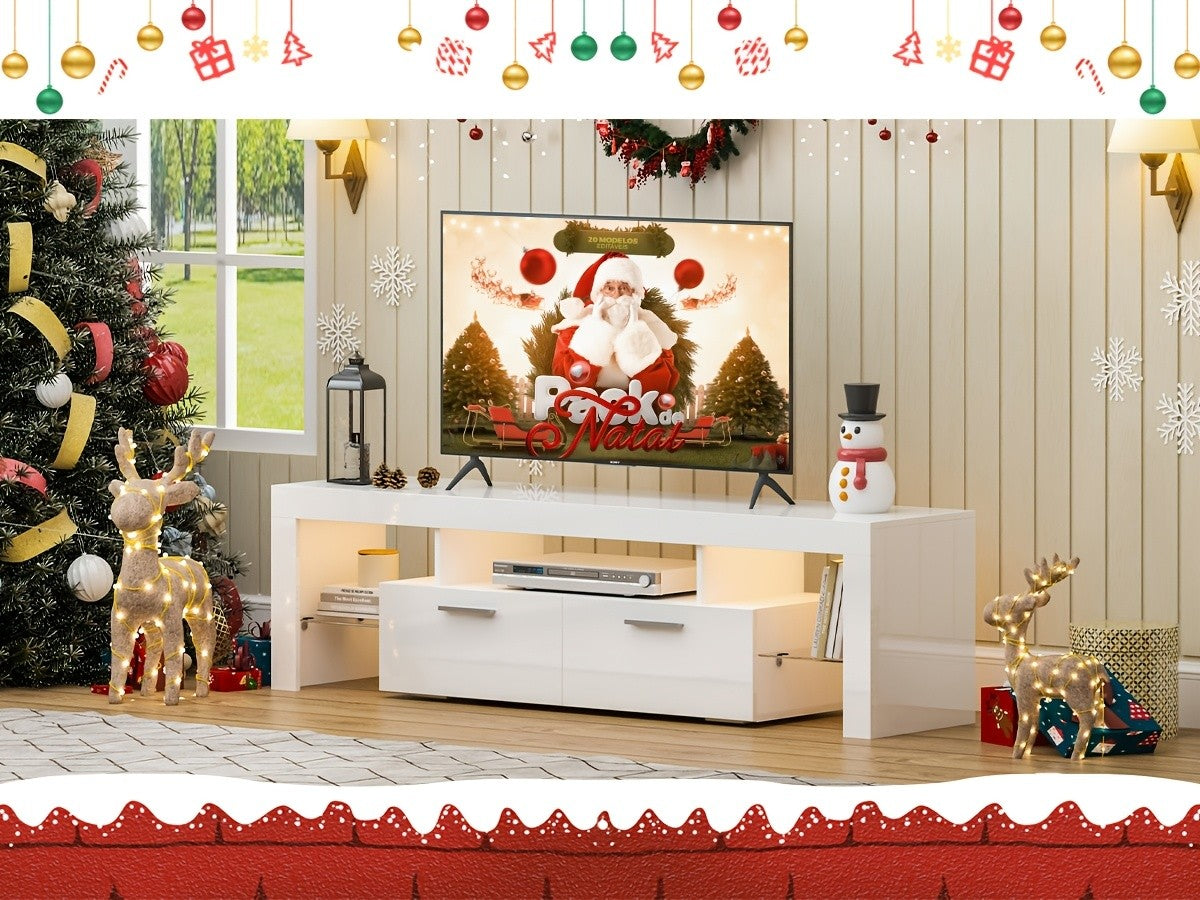 White LED TV Stand with Cabinet Storage and Glass Shelves, Modern Media Console for Living Room and Game Room in 130, 167 or 180 cm Model Options