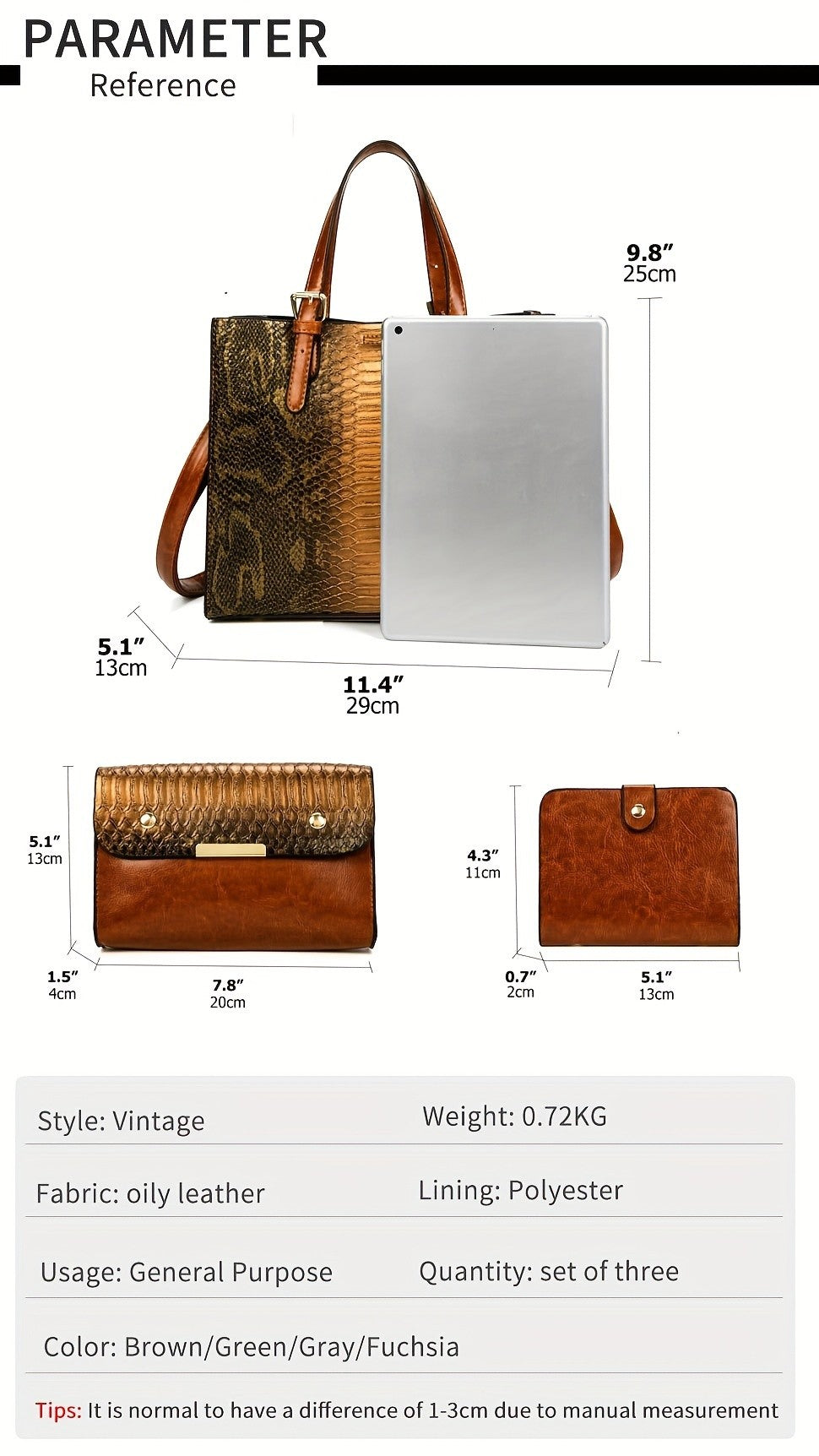 Crocodile-Pattern Handbag Set for Women with Listed Three-Piece Satchel and Tote Styling, Six Color Options for Everyday Outfits, Office and Casual Occasions