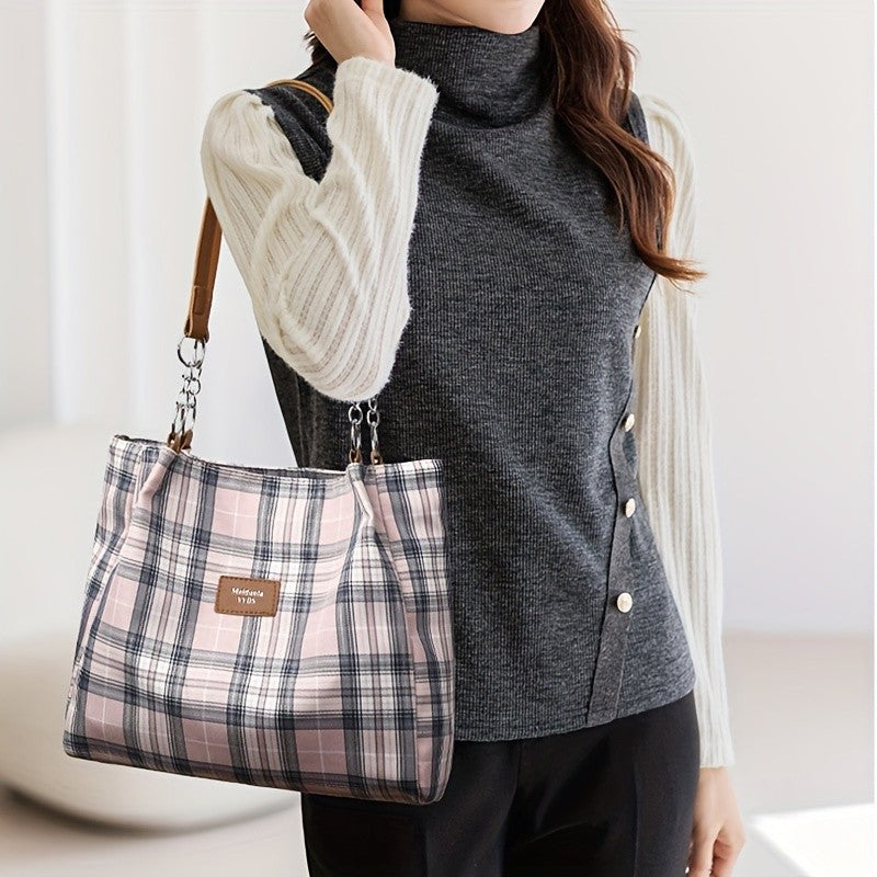 Oversized Plaid Tote Bag for Women, Spacious Shoulder Handbag for Work, School and Everyday Essentials with Classic Check Pattern Styling