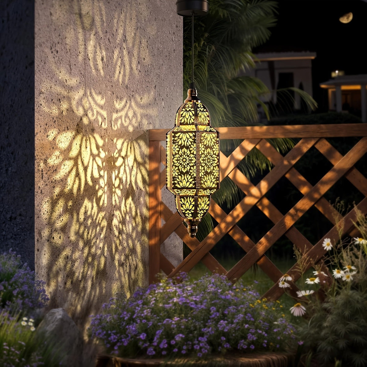 Hexagonal Solar Hanging Lantern, Moroccan-Inspired Hollow Iron Garden Light with Floral Pattern Projections and Automatic Night Lighting for Patio and Porch Decor