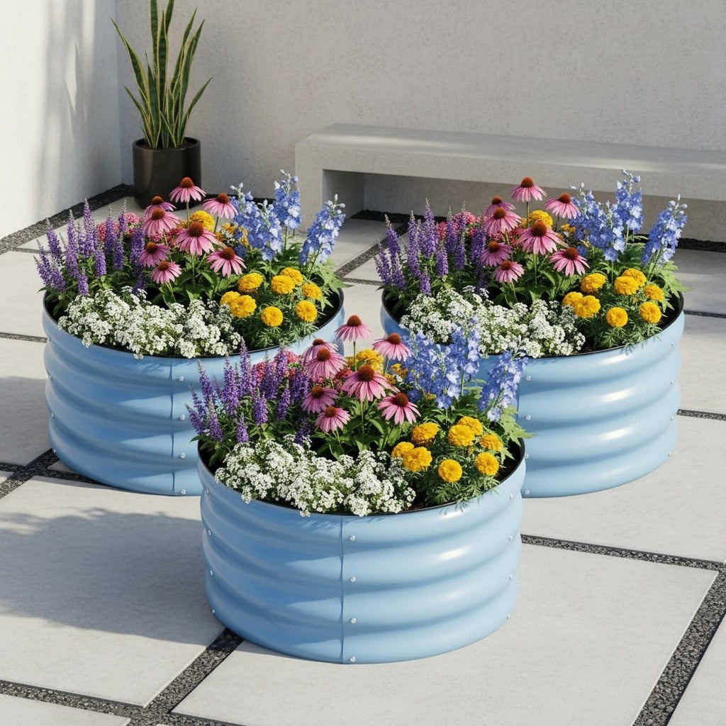Compact Steel Raised Garden Bed Set with Three Open-Bottom Planters, Rubber Top-Rim Strips and Approximate 2x2x1ft Size in Green, Orange or Blue