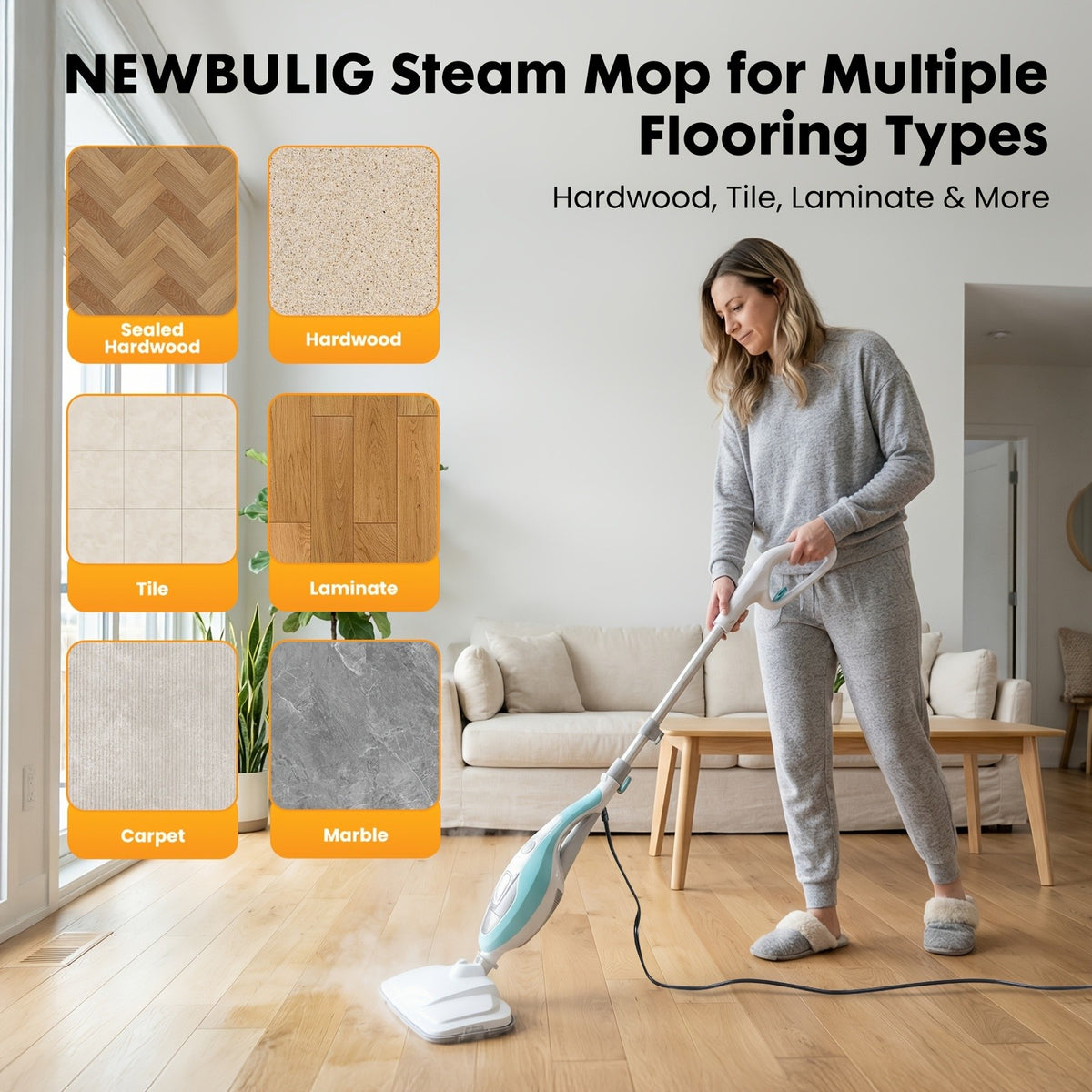 10in1 Steam Mop, 1550W Detachable Handheld Floor Cleaner with 16ft Power Cord 2 Washable Pads for Hardwood Tile Carpet and More