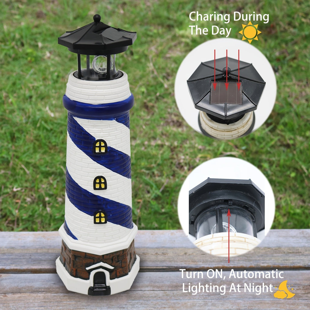 Solar Lighthouse Garden Decor with 360-Degree Rotating LED Light, Blue or Red Outdoor Statue Lantern for Patio, Courtyard and Nautical Landscape Displays